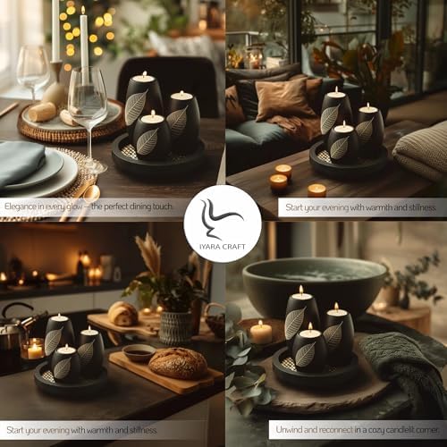 IYARA CRAFT Candle Holder Set with Tray – 3 Handmade Wood Tealight Holders, Black Leaf Design, Winter Home Décor, Spa-Inspired Holiday Centerpiece & Elegant for Women, Mom, Housewarming - Image 2