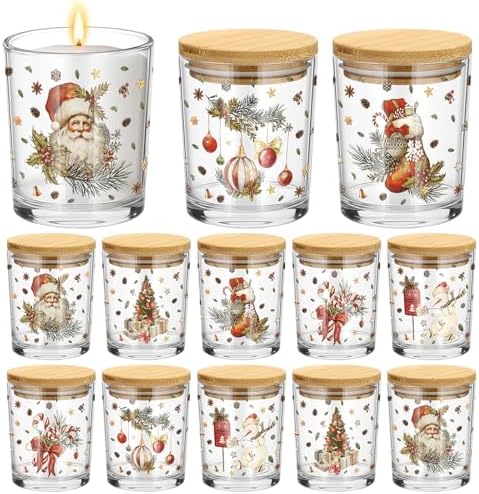 Ziliny 12 Pack Christmas Glass Candle Jar with Lid, 7 oz Retro Empty Jar by Ziliny