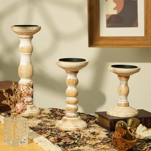 Wood Pillar Candle Holder: Rustic Distressed White Candle Stand - Image 2