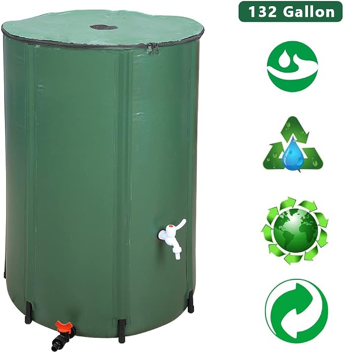 Collapsible Rain Barrel, 132 Gallon Portable Rainwater Collection System, Rain Catcher Barrel, Water Storage Tank with Two Spigots and Overflow Kit, Rain Water Barrel Collector for Garden, Green
