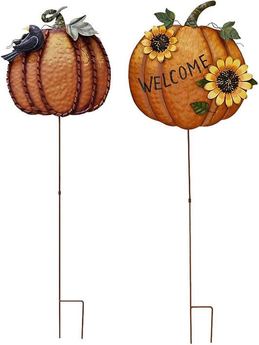 Metal Pumpkin Garden Stakes Welcome Sign Decorative Yard Sign Fall Decor | Autumn Pumpkin Decoration for Harvest Thanksgiving Halloween