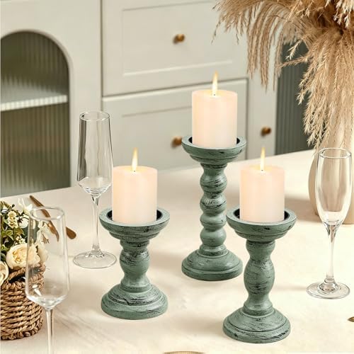 Set of 3 Candle Stick Holders Decor Rustic Wooden Candle Holder Mint Green Farmhouse Candle Stands for Table Centerpiece, Vintage Pillar Candle Holders for Living Room - Image 6