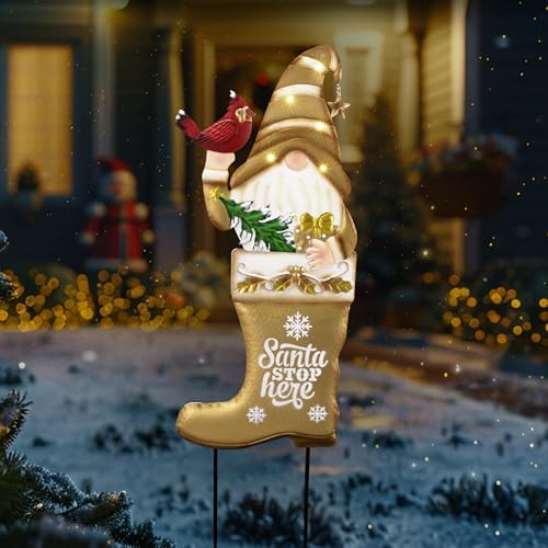 TERESA'S COLLECTIONS Christmas Gnome Garden Stake, Metal Outdoor Christmas Decorations with Solar Light, Christmas Yard Stakes Welcome Signs for Home, Patio Lawn Porch Holiday Party Gifts, 36" - Image 2