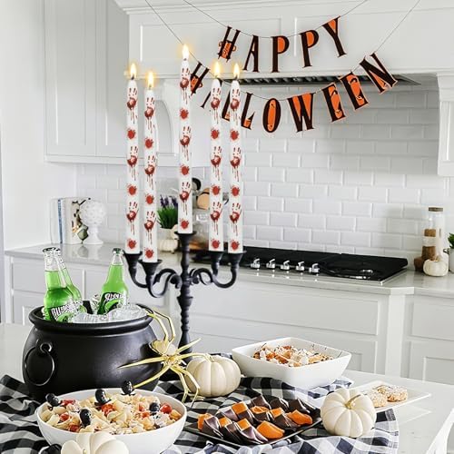 Halloween Decorations Taper Candles -YUKCAXDLS White Blood Handprint Horror Party Decor Candlestick Unscented Smokeless 10 Inch Tall Candle Set of 2 - Image 4