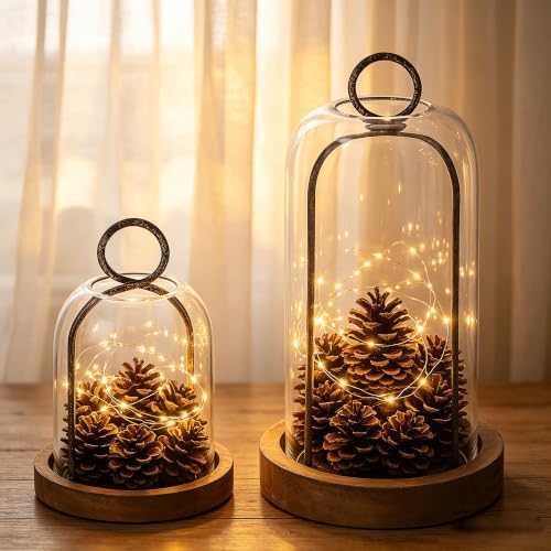 Set of 2 Versatile Rustic Metal Candle Holder with Handmade Sturdy Glass Dome and Rustic Brown Wooden Base for Pillar Candle & Plants, Industrial, Farmhouse, Shabby Chic, Display Cloche Bell Jars - Image 5