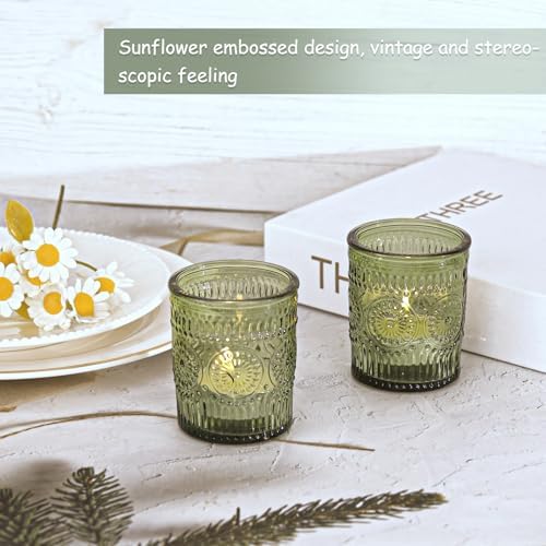 24 Pcs Green Glass Votive Candle Holders, Tealight Candle Holders for Table Centerpieces, Vintage Candle Holder Bulk, Boho Wedding, Home, Bridal Shower, Birthday Party Table Decor (Green) - Image 6