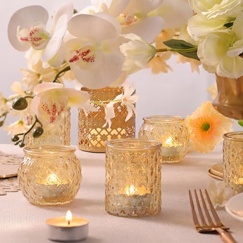 DARJEN 12Pcs Gold Votive Candle Holders - Glass Candle Holder for Table Centerpiece, Tea Light Candle Holders Glass for Wedding Shower, Home & Tea Party Decor - Image 3