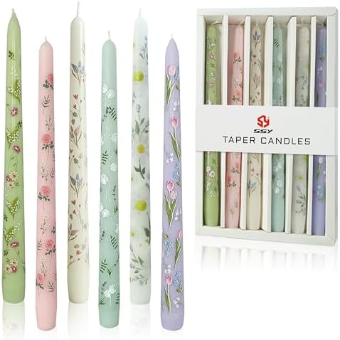 Floral Toile Candle Sticks Print Smokeless Candlessticks 6 Pack Handmade Pastel Candle 10 inches Long Flower Tapered Candles for Dining Living Room Mantel Cozy Hygge Ambiance Everyday Home Decor by XINAOBAOLUO