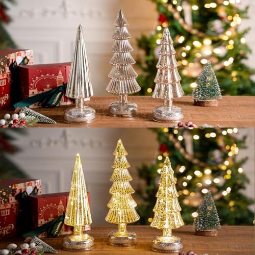 3 Pcs Mercury Glass Christmas Tree Tabletop Christmas Tree with Light,12 in Silver GlassTrees Figurines with LED Lights Figurine for Mantel Centerpieces,Christmas Glass Tree Ornaments (Champagne Gold) - Image 4