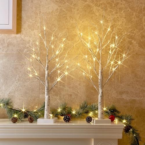 Christmas Decorations, 2FT Birch Tree with LED Lights, Warm White Light up Tree Lamp, Artificial Trees for Home Table Inside, Battery Powered, Timer (2PK) by PEIDUO