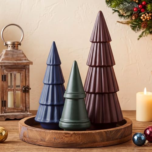 3 Pcs Neutral Christmas Tree Figurines,Burgundy Green Navy Blue - Image 5