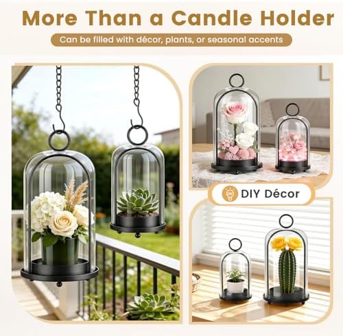 Metal Candle Holder, 5"&4" Wide Hurricane Glass Candle Holders with Handmade Glass Dome, Hanging Candle Lantern for Pillar Candles, Table Coffee Decor, Interior Decoration (Not Included Candles) - Image 6