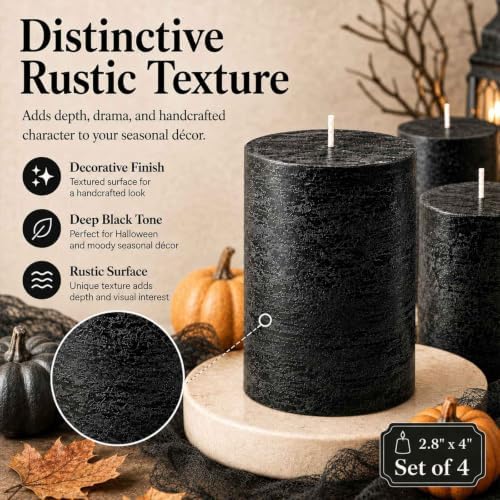 Black Unscented Pillar Candles 4 Pack, 2.8 x 4 Inch Rustic Soy Wax Candles, - Image 2