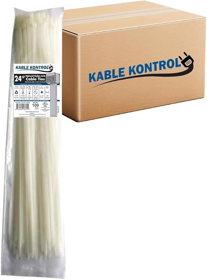 Kable Kontrol Cable Zip Ties Natural White 1,000 Pcs 24 Inch, 175 Lbs Tensile Strength, Bulk Pack, Self-locking Natural Nylon Clear Plastic Wire Ties wraps for Indoor or Outdoor Use