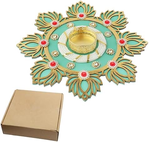 Lotus Rangoli with T-Light Tlight Holder Tea Light Candle Table top Center for Floor Stand for Traditional Festival Decoration Décor Gifts Gifting Idea for House Warming Return Gifts(Size:-8")(Green) - Image 3