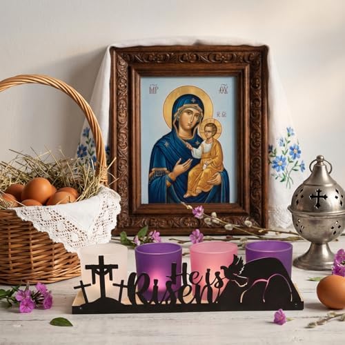 He is Risen Easter Decor, 4 Glass Votive Tealight Candle Holders & 1 Wooden Tray, Easter Religious Decor for Church Event Pray Table Centerpiece, Christian Gift - Image 4