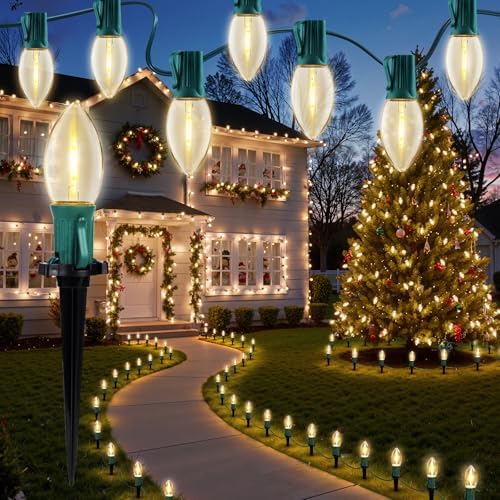 Brightown Christmas Pathway Lights Outdoor, 2 Sets Total 51.4 Ft C9 LED Lights with 40 Bulbs and Stakes, Christmas Decorations Outside Yard Walkway Sidewalk, Warm White by Brightown