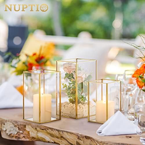 Nuptio Glass Hurricane Candle Holder Set of 3 Gold Pillar Candle Holders Large Rectangular Candleholder Table Centerpieces Decoration for Wedding Christmas Holiday Home Ornaments 9.5 & 8.1 & 6.5 inch - Image 4