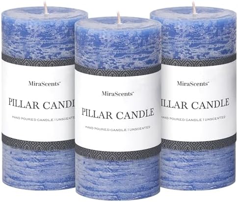 3x6 Inch Blue Pillar Candles Set of 3 - Hand-Poured Unscented Candles, Long Clean Burning, Large Big Candle, Smokeless Dripless Candle for Dinner Table, Wedding, Home, Bathroom, Rustic Decor by MiraScents