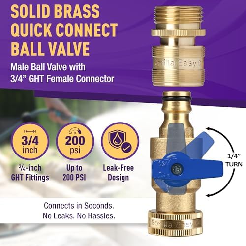 Garden Hose Quick Connect Fittings with Ball Valve. ¾ Inch GHT Solid Brass. - Image 2