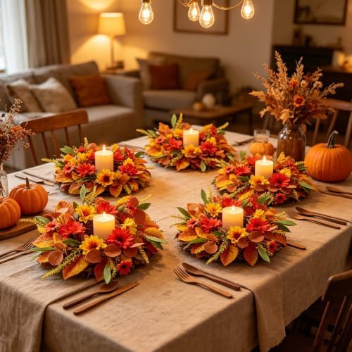 6 PCS Fall Candle Ring Wreaths Artificial Fall Daisy Sunflower Autumn Floar Candle Holder Rings with Maple Leaves Eucalyptus Mini Thanksgiving Wreath for Cabinets Farmhouse Table Centerpiece Decor - Image 2