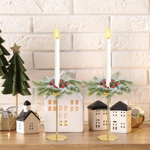 6 PCS Christmas Pine Taper Candle Rings Wreaths 1.38" Mini Snowy Pine Taper Candle Holder Wreaths Candle Rings with Berry Pinecones for Xmas Winter Church Home Table Centerpiece Candlesticks Decor - Image 6