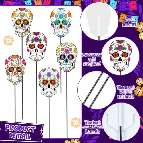 6 Pcs 12 Inch Day of The Dead Sugar Skull Halloween Garden Stakes - Image 4