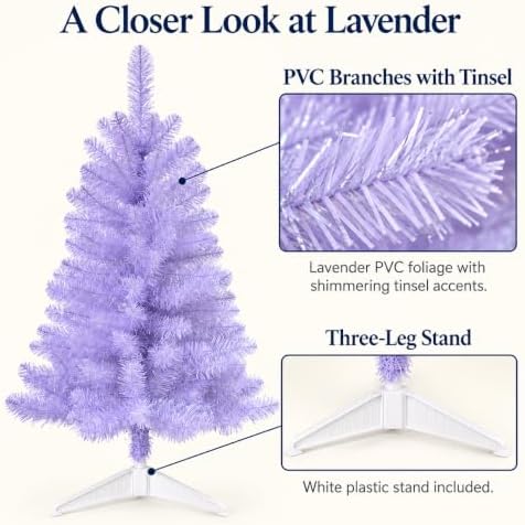 3FT Artificial Christmas Tree with Tinsel and String Lights – Tabletop Small Xmas Tree for Desk, Office, or Small Spaces – Full Branches, Easy Assembly, Holiday Decoration (Lavender Tinsel) - Image 5