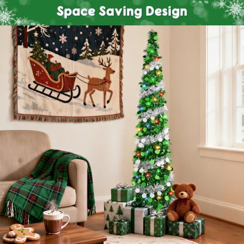 5FT Pop Up Christmas Tree with 90 LED Lights, Collapsible Artificial Pencil Christmas Tree, Tinsel Skinny Christmas Trees for Home Apartment Porch Indoor Outdoor Holiday Decorations - Image 3
