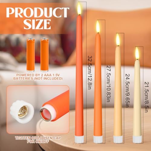 Rossesay 24 Pcs Flameless LED Taper Candles Battery Operated Candle 8.5", 9.65", 10.8", 12.8" Flameless Candlesticks Flickering for Christmas Church Wedding Indoor Decoration(Classic, Orange) - Image 2