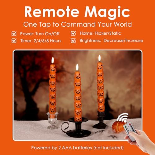 Orange Pumpkin Halloween Flameless Taper Candles with Remote - Image 5