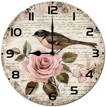 Love Birds Roses Flowers Wooden Silent Non-Ticking 10 Inch Round Clocks Battery Operated Analog for Living Room Kitchen Bedroom Bathroom Office Home School Decor