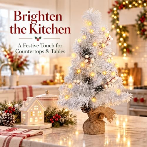 MEETYAMOR 2 FT Mini Christmas Tree, 24" Prelit White Small Artificial Tabletop Christmas Trees Decor with Lights Timer, Outdoor Indoor Porch Table Centerpieces Xmas Christmas Decorations - Image 3