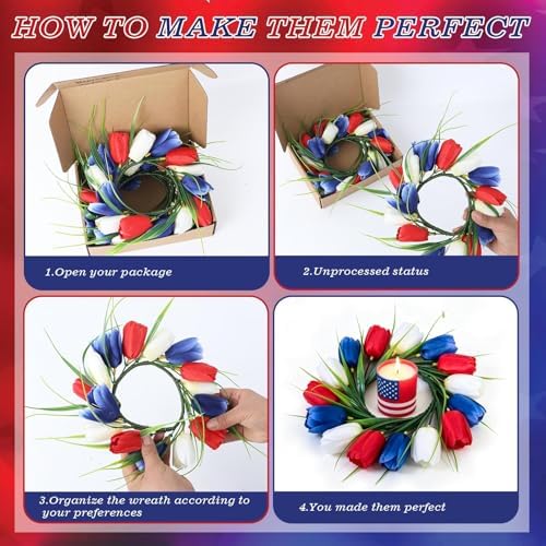 4 PCS 4th of July Candle Rings Wreaths Patriotic Tulip Silk Memorial Day American Flag Floral Candle Rings Holder with Red White and Blue Flower for Independence Day Labor Day Table Centerpiece Decor - Image 4
