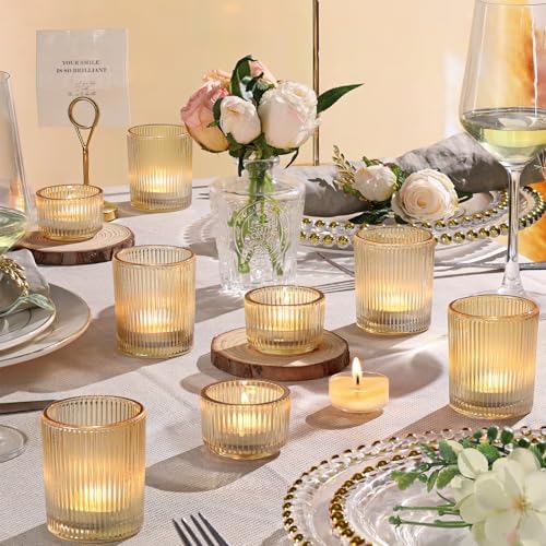NITIME 10pcs Ribbed Gold Votive Candle Holders, Assorted Glass Tea Light Candle Holders for Wedding Centerpieces, Brithday, Party and Holiday Decorations - Image 3