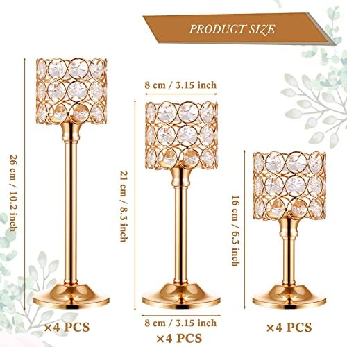Mumufy 12 Pieces Crystal Candle Holders Set 3 Sizes Tall Crystal Wedding Candlestick Holders Pillar Candelabra Stand for Table Centerpieces for Christmas Party Wedding Dining Decoration (Gold) - Image 2
