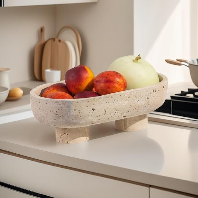 Natural Oval Travertine Fruit Bowl for Kitchen Counter 10",Two-Legged Decorative Bowl & Travertine Decor Pedestal for Dining Table Decor, For Kitchen Fruit Bowl, Potpourri, Dining Table Centerpiece.