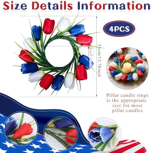 4 PCS 4th of July Candle Rings Wreaths Patriotic Tulip Silk Memorial Day American Flag Floral Candle Rings Holder with Red White and Blue Flower for Independence Day Labor Day Table Centerpiece Decor - Image 3