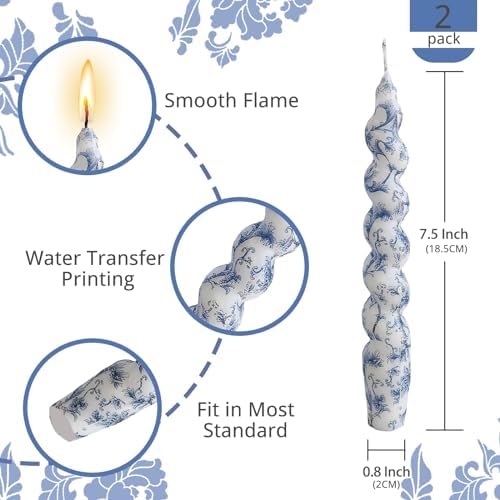 NJAO HOO Floral Taper Candles 7.5 in Spiral Candlesticks Hand Printed Blue Flower Candlestick Twisted Taper Candle for Home Garden Decor, 2Pcs - Image 2