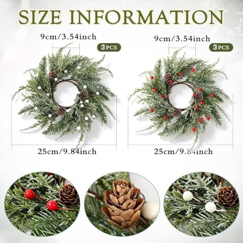 6 PCS Christmas Wreath Candle Rings Mini Wreath Pine Garland Artificial Frosted Cedar and Pine Cone Candle Rings Holder for Christmas Wedding Home Table Centerpiece Door Window Chair Wall - Image 3
