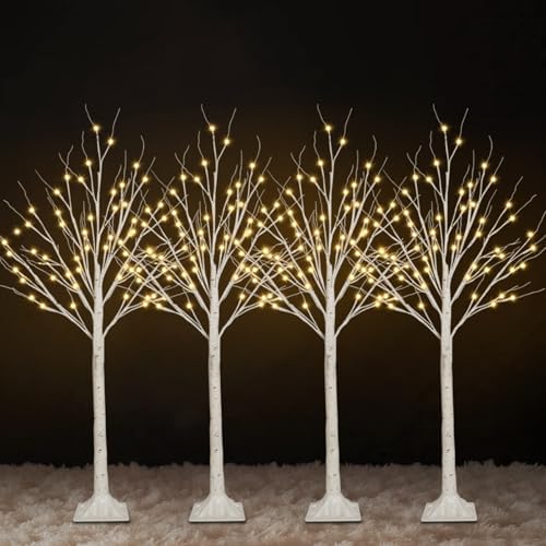 4 Pack 4FT Lighted Birch Trees, 192 LED Twinkling Trees, 2 Lighting Modes by SANJICHA