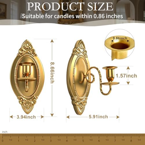 Gold Candle Sconces Set of Two, Brass Color Victorian Royal Wall Sconce, Metal Rustic Candle Holder Baroque Home Wall Decor for Living Room, Dining Room, Bedroom, Fireplace, Hallway - Image 2