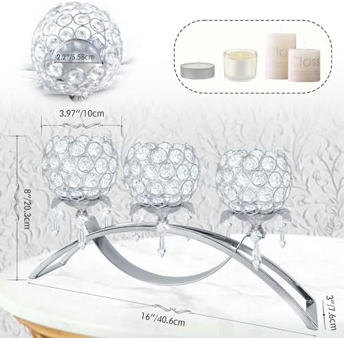 Crystal Tea Light Candlestick Holders Flower Shape with Crystal Pendant Bowl Votive Metal Candle Holder for Table Centerpieces Wedding Home Decor (Silver, 3 arm) - Image 3