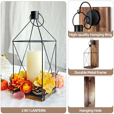 Wood Wall Candle Sconce with Black Lantern, Set of 2 Home Decor - Image 2