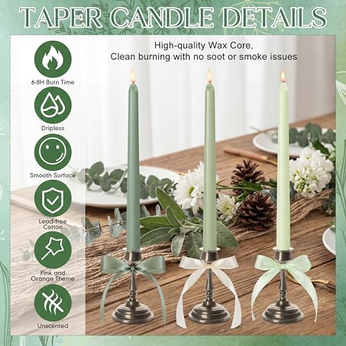 12 Pcs Sage Green Series Taper Candles with 3 Rolls of Ribbon - Image 4
