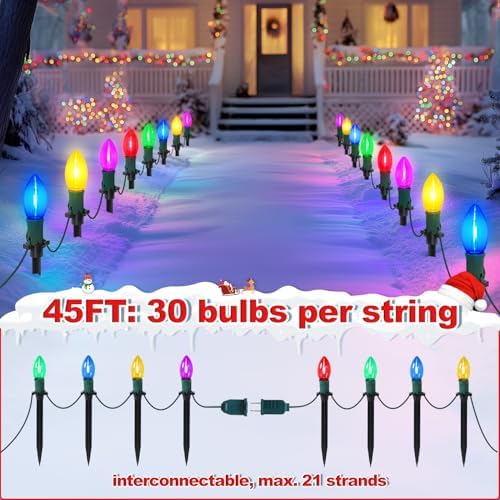 45Ft C9 Led Christmas Pathway Lights Outdoor, 30 Multicolor Bulbs Waterproof Connectable Christmas Walkway Lights for Driveway, Yard, Lawn, Sidewalk Decorations - Image 6