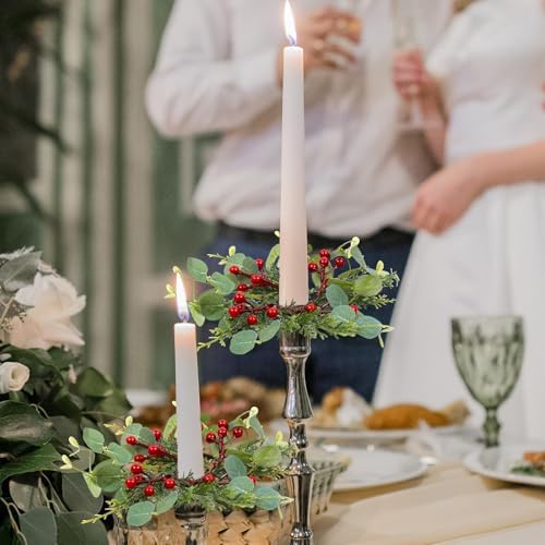 6 PCS Christmas Pine Taper Candle Rings Wreaths 1.38" Mini Norfolk Cedar Taper Candle Holder Wreaths Candle Rings with Berry for Xmas Winter Holiday Church Home Table Centerpiece Candlesticks Decor - Image 5