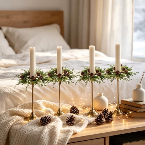 4 PCS 1.38" Mini Christmas Cedar Taper Candle Rings Holder Wreaths - Image 5