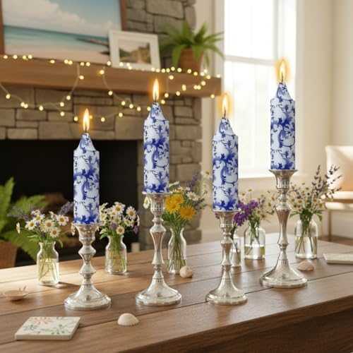 5 Inch Blue and White Tapered Candles Short Floral Candlesticks Hand Poured Unscented Smokeless Porcelain Candles for Dining Everyday Meals Family Dinner Elegance Blue White Porcelain Style by XINAOBAOLUO