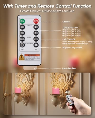 Homemory Pink Flameless LED Votive Tealight Candles & Timer Remote, 12Pack - Image 3